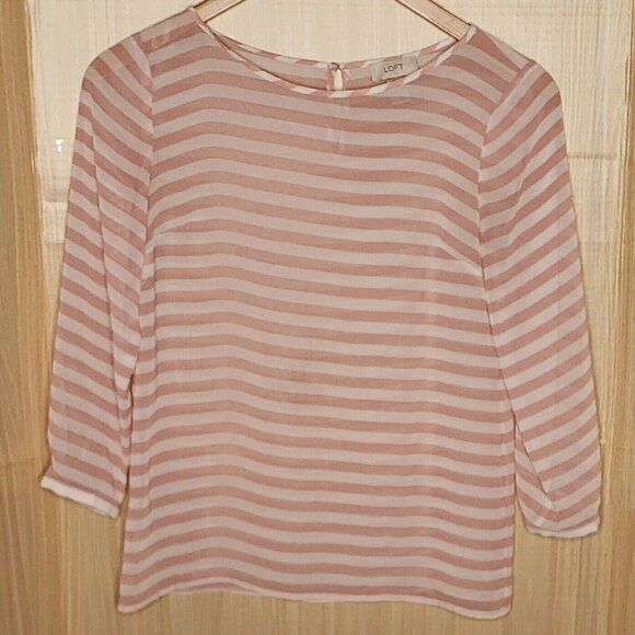 Loft Womens Pink White Stripe Sheer Blouse XS - Picture 1 of 8